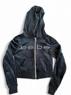 bebe Black Velour Crystal Logo Zip Hoodie